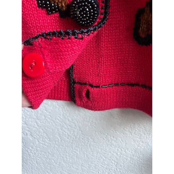 Berek 2 Knit Cardigan Sweater Beaded Animal Sz Large Embellished Red Black - Picture 6 of 7